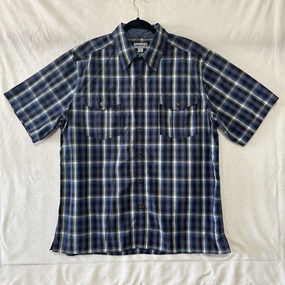 Carhartt Shirt Men XL Blue Plaid Button Up Short Sleeve Relaxed Fit Shirt